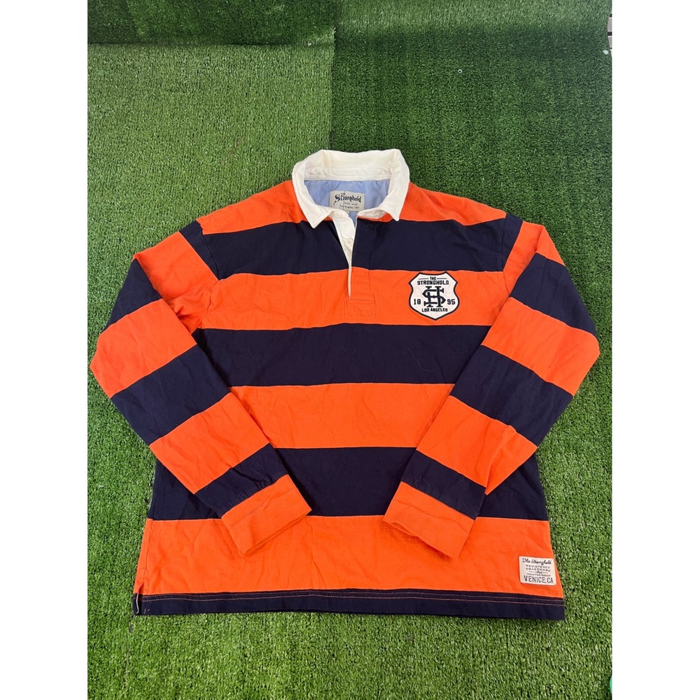 The Stronghold Mens Striped Rugby Shirt XL Orange Navy Blue Long Sleeve Collared